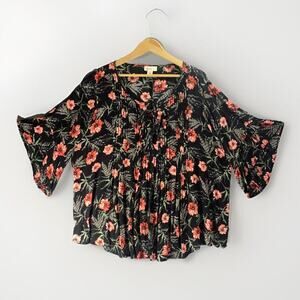 STYLE & CO. Peasant Top Women's Plus Size 1X Black Dark Floral Boho‎ Whimsy Goth